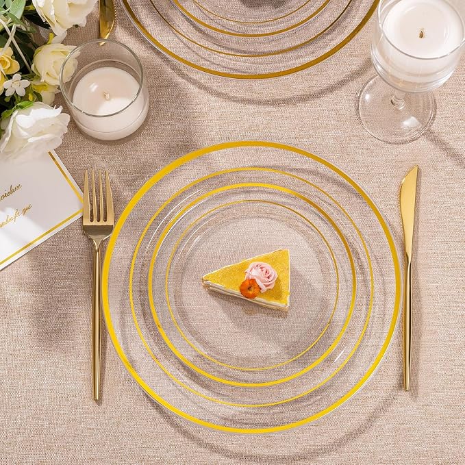 I00000 100Pcs Small Clear Gold Dessert Plates,Clear Disposable Plates with Gold Rim 7 Inch,Premium Hard Fancy Small Plate,Perfect for Birthday, Wedding & Party