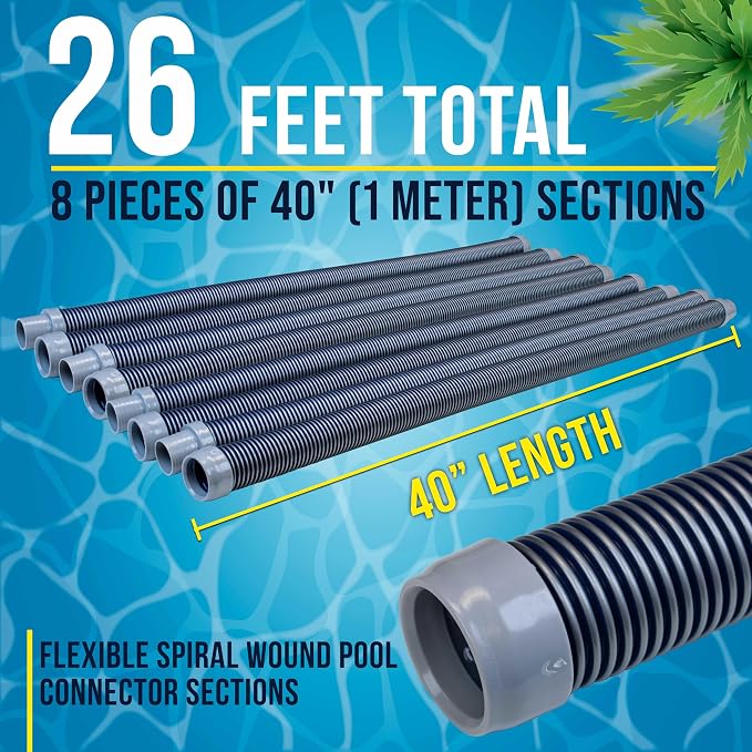 U.S. Pool Supply Pool Vacuum Hose, 8 Piece Pool Hose Set - 40" Blue Flexible Spiral Wound Connector Sections with 1.5" Male & Female Cuff Ends, Replacement Fits Most Inground Automatic Cleaner Brands