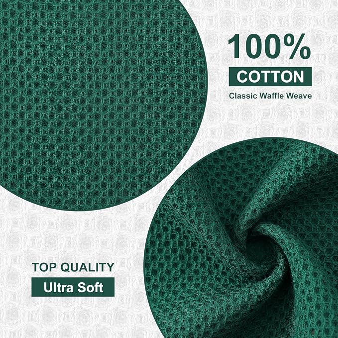 Kitinjoy 100% Cotton Kitchen Dish Cloths (12 X 12 Inches, Dark Green), 6 Pack Waffle Weave Ultra Soft Absorbent Dish Towels for Drying Dishes Quick Drying Kitchen Towels Dish Rags