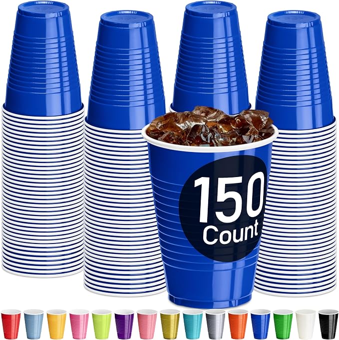 DecorRack Blue Plastic Cups, 12 oz Disposable Cups, Party Supplies (150 Count)