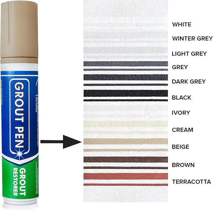 Grout Pen Tile Paint Marker: Waterproof Grout Colorant and Sealer Pen to Renew, Repair, and Refresh Tile Grout - Cleaner Coating Stain Pens - 2 Pack, 15mm Wide White and 15mm Wide Beige Tip