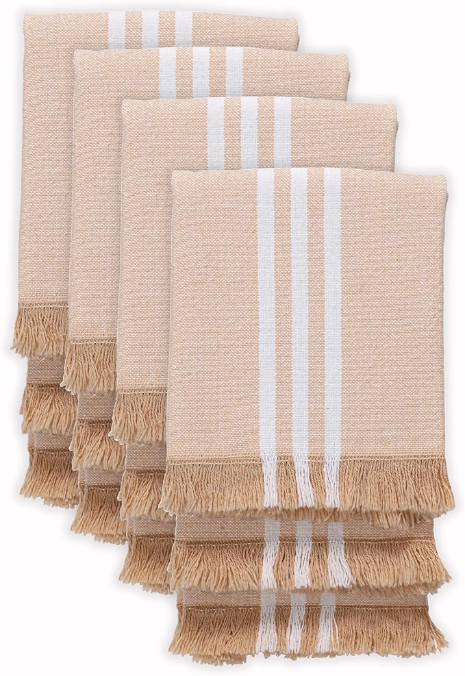 Monochrome Stripe Kitchen Towels 12 Pack, 16x26 Inch, 100% Cotton, Super Absorbent & Quick Dry, Durable, Fringed Dish Towel for Drying Dishes, Machine Washable, Everyday Use, Beige