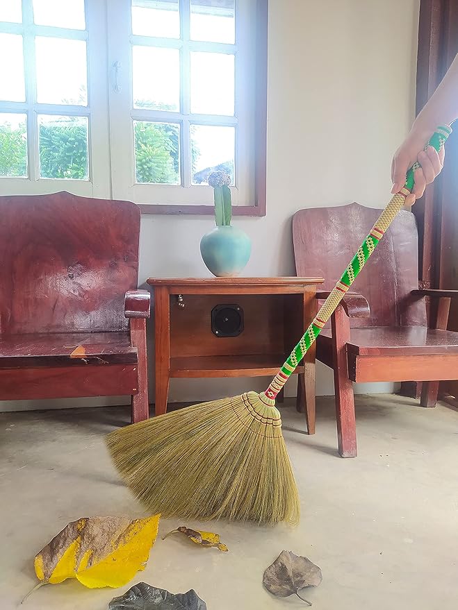 Natural Grass Broom Thai 100% ,Long Handle,Brooms for Floor Cleaning,Design for Home, Kitchen, Office, Courtyard, Tiled Floor ( Length 40 inch )