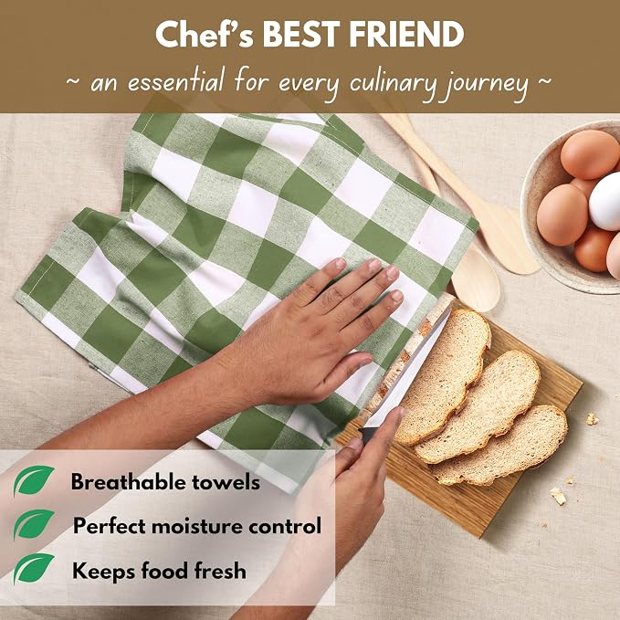 Native Fab Buffalo Check Kitchen Dish Towels, 16"x26", 6 Pack - 100% Cotton Plaid Washcloths - Absorbent Dish Cloths Set, Cleaning Hand Towels with Hanging Loop - Mint Green White