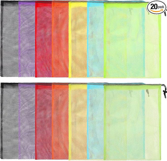 20PCS Mesh Bags: Nylon Mesh Drawstring Bags, 13"X15.5", Black, Navy Blue, Green, Light Red, Hot Pink, Orange, Grey, Purple, Yellow - Gym, Shower, Travel, Laundry, Storage, Organization, Beach