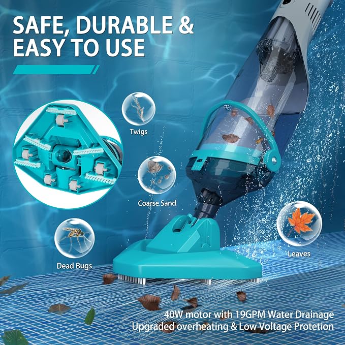Cordless Above Ground Pool Vacuum, 19 GPM Handheld Spa Hot Tub Vacuum Cleaner with 60" Extendable Pole, 60 Min Running Time, Ideal for Cleaning Debris and Sand Underwater