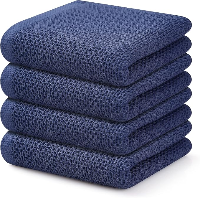 Kitinjoy 100% Cotton Waffle Weave Kitchen Hand Towels (13 x 28 Inches, Navy Blue), 4-Pack Super Soft and Absorbent Dish Towels for Drying Dishes