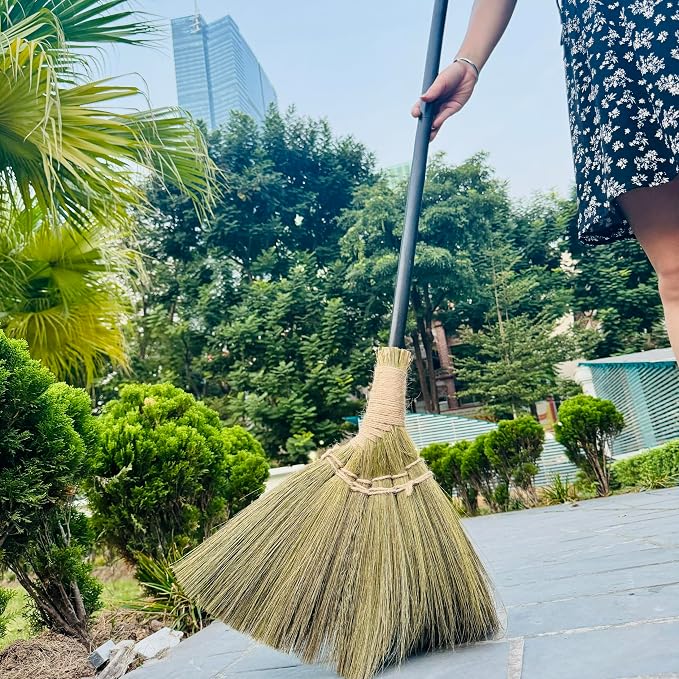 Vietnamese Broom 46.46inch Length - Brooms for Sweeping Indoor Outdoor - Black Long Wooden Handle Natural Soft Broom for Jumping, Weeding, Decoration