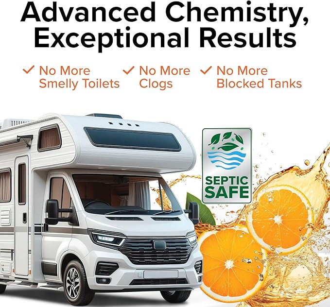 Camco TST MAX RV Toilet Treatment - Formaldehyde Free - Breaks Down Waste And Tissue - Septic Tank Safe - Treats up to 8-40 Gallon Holding Tanks -Orange Scent, (8) 4 oz Bottles (41191)