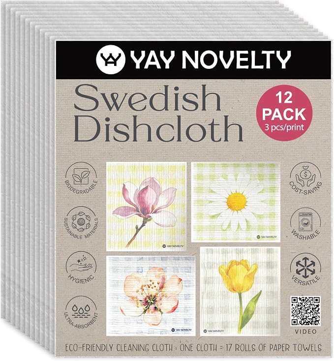 Swedish Dishcloths - 12 Pack | Made in Germany | Ultra-Absorbent, Reusable Cellulose Sponge Cloths for Kitchen | No-Odor, Eco-Friendly Cleaning Wipes | Water-Based Ink | Gingham Floral