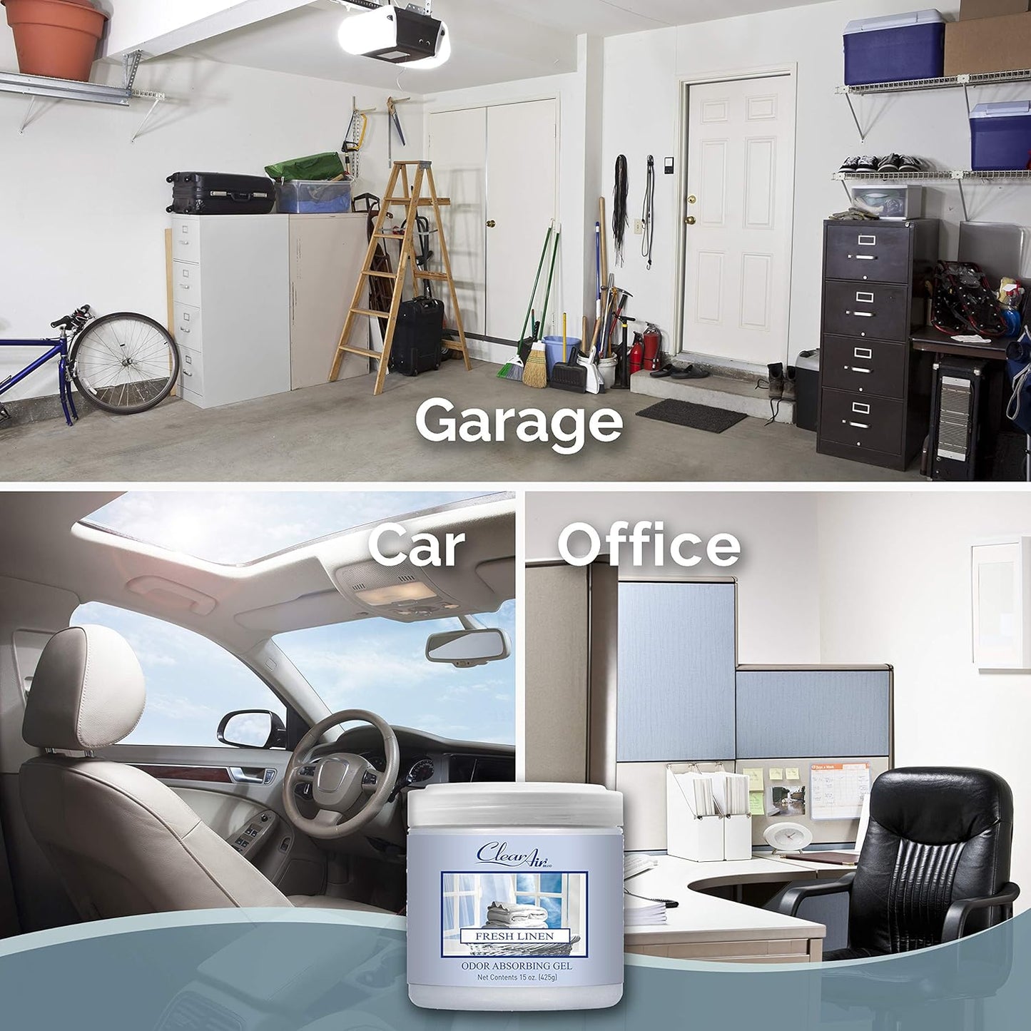 Clear Air Odor Absorber Gel - 15 oz, Pack of 2 - Air Freshener Absorbs and Eliminates Odors in Bathrooms, Cars, Boats, RVs and Pet Areas - Made with Essential Oils - Fresh Linen Scent