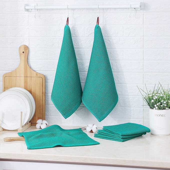 Kitinjoy 100% Cotton Kitchen Dish Cloths (12 X 12 Inches, Teal), 12 Pack Waffle Weave Ultra Soft Absorbent Dish Towels for Drying Dishes Quick Drying Kitchen Towels Dish Rags