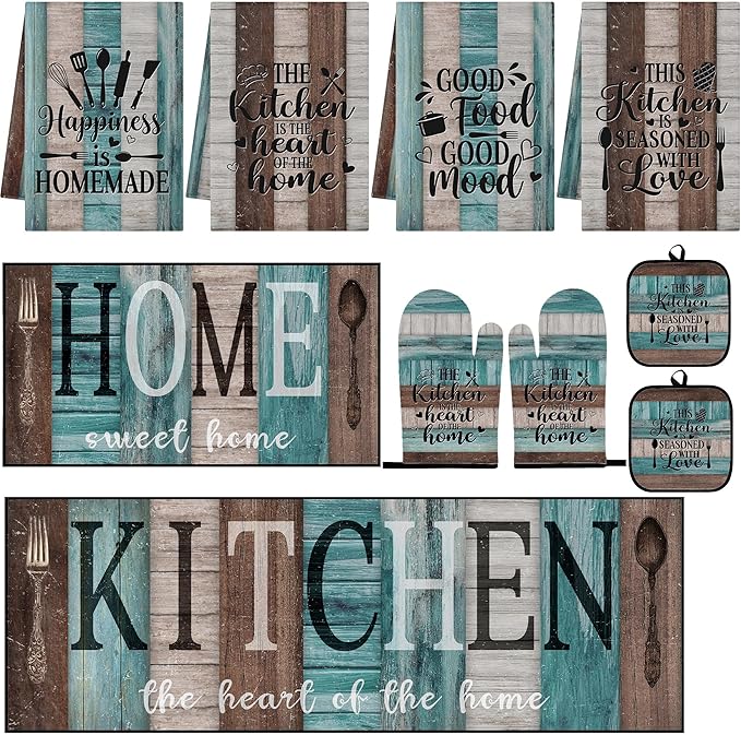 10 Pcs Turquoise Teal Kitchen Decor and Accessories Set, 4 Dish Towels Kitchen Rugs 2 Oven Mitts 2 Pot Holders, Home Decor for Cooking Baking BBQ Gifts Women Mom Housewarming
