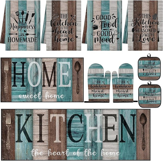 10 Pcs Turquoise Teal Kitchen Decor and Accessories Set, 4 Dish Towels Kitchen Rugs 2 Oven Mitts 2 Pot Holders, Home Decor for Cooking Baking BBQ Gifts Women Mom Housewarming