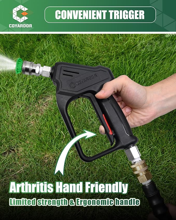 Pressure Washer Short Gun with Swivel 3/8" Male Plug & 1/4”Quick Connector Coupler - Comfortable Handle - Compatible with Foam Cannon for Car Wash 4000 PSI, Black