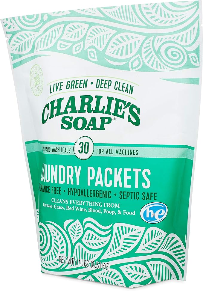 Charlie's Soap - Fragrance Free Laundry Packets - 30 Count (Three 30-count Bags, 90 Total Loads)
