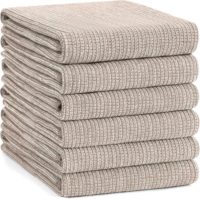 Homaxy Premium Kitchen Towels(18”x 28”, 6 Pack), Large Cotton Kitchen Hand Towels, Flat and Terry Dish Towels, 380 GSM Highly Absorbent Tea Towel Set with Hanging Loop, Khaki
