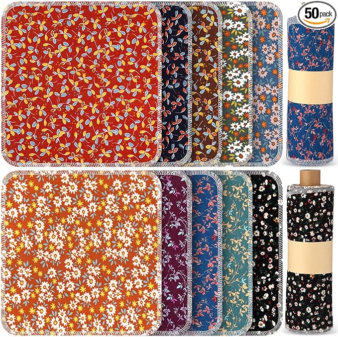Redbaker 50 Pcs Reusable Paper Towels Paperless Reusable Cotton Cloths Toilet Absorbent Washable Paper Towels with Roll Kitchen Dishcloth for Kitchen Paperless Dishcloths(Plants)