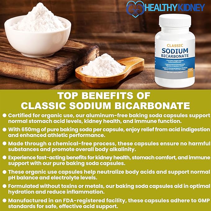 Classic Sodium Bicarbonate 650mg Natural Organic Use Sodium Bicarbonate Powder Pills Tablets (caps) Stomach Acid Alkalinity 120caps 2-Pack