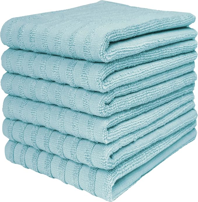 Premium Kitchen Towels (20”x 28”, 6 Pack) | Large Cotton Dish Towels 450 GSM | Highly Absorbent Terry Kitchen Linen Set with Hanging Loop | Aqua Solid