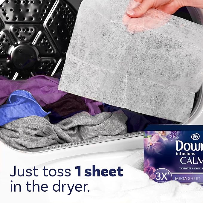 Downy Calm Mega Dryer Sheets, Large Fabric Softener Sheets for Laundry , Static Guard & Softness Boost, Laundry Dryer and Fabric Sheets, 180 Count