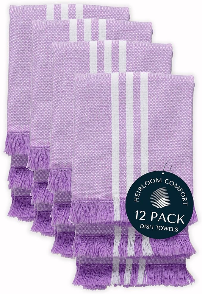 Monochrome Stripe 100% Cotton Dish Towels Set of 12, Decorative Fringes, 16x26 Inch, Quick Dry, Absorbent & Reusable for Cleaning, Cooking, Kitchen Decor, Machine Washable, Lavender