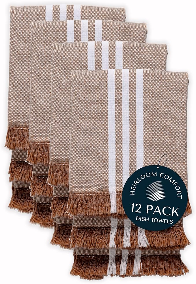 Monochrome Striped Dish Towels 12 Pack, 16x26 Inch, 100% Cotton, Fringed Edges, Absorbent & Durable, Quick Drying Kitchen Towels for Daily Cleaning, Cooking, Baking, Easy Care, Brown