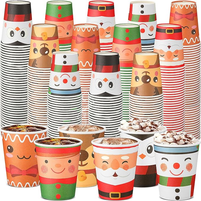 Yaomiao 300 Pcs 9 oz Christmas Paper Cups Elf Snowman Santa Elk Disposable Christmas Hot Cocoa Coffee Cups Bulk for Hot Cocoa Chocolate Beverage Bar for Xmas Holiday Party Supplies