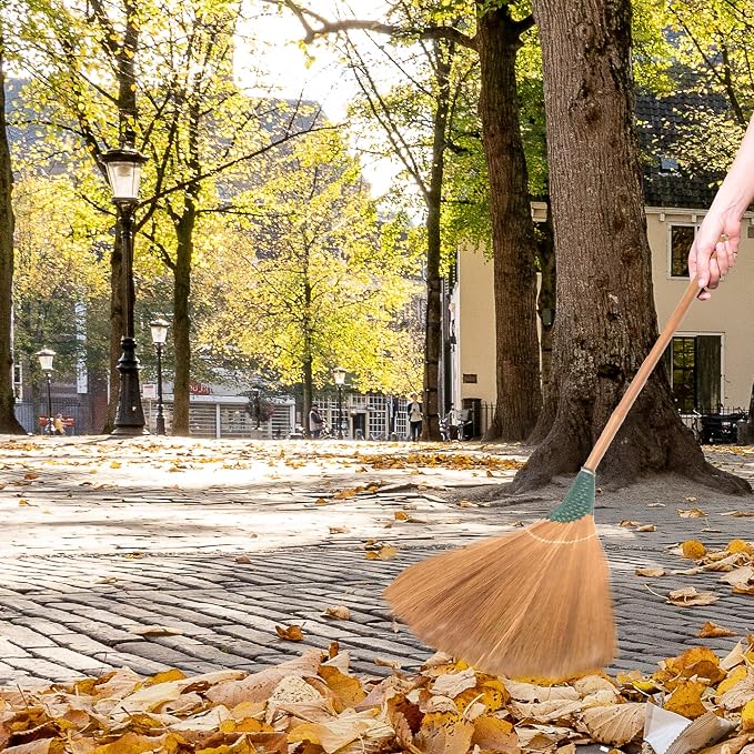 Hand Push Broom - Wooden Handle, Wide Bristle Head, Grass Bristles, Lightweight, Ideal for Stairs, Garage, Lawn, Kitchen, Patio - Includes Storage Bag & Broom Holder - 17" W x 40" H