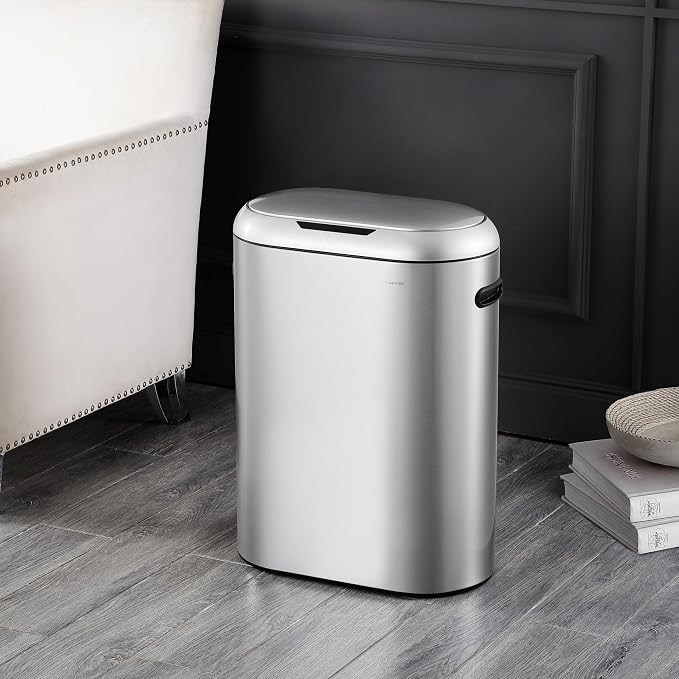 happimess HPM1016A Robo Kitchen 13.2-Gallon Slim Oval Motion Sensor Touchless Trash Can with Touch Mode, Fingerprint Resistant, Modern, Minimalistic for Kitchen, Office, Bathroom, Platinum Silver
