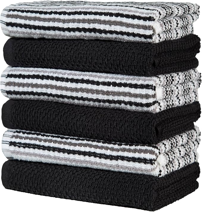 Popcorn Stripe Cotton Kitchen Towels - 6 Pack | 16'x26' | Highly Absorbent 400 GSM | Black