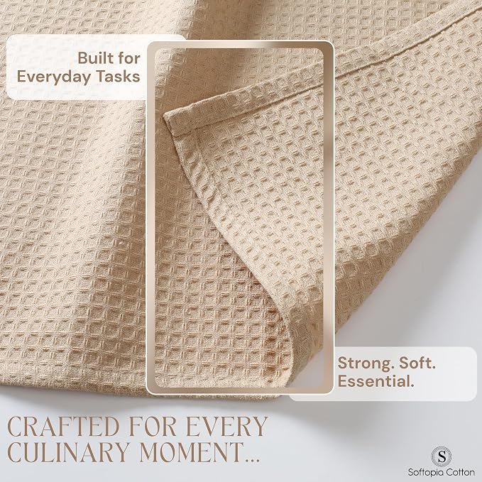 Beige Waffle Kitchen Dish Towels, 100% Cotton, Quick Dry, Super Absorbent, Soft, Lint-Free, 16x26 Inches - Ideal for Dish Drying, Bar, Tea, Cleaning, and Everyday Use, 12 Pack, Tan