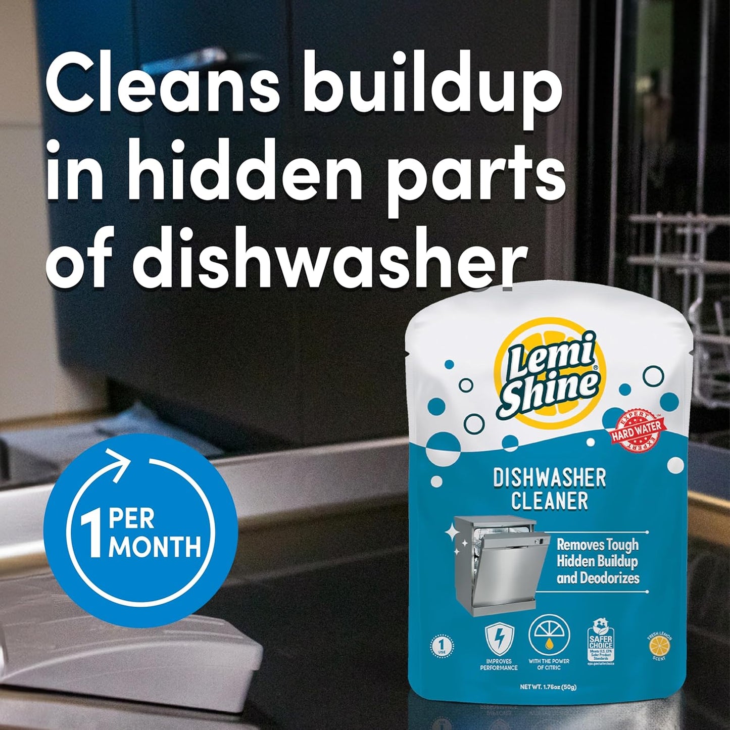Lemi Shine Natural Dishwasher Cleaner - Hard Water Citric Acid Cleaning Powder - Lemon Scented Eco-Friendly Dishwasher Cleaner & Deodorizer - 1.76 oz