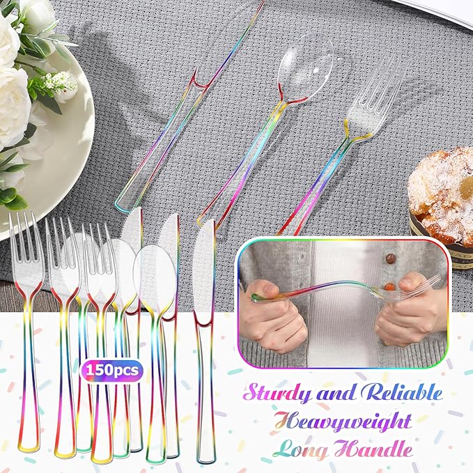 Minatee 150 Pcs Rainbow Plastic Silverware, Clear Disposable Cutlery Set Heavy Duty Utensil Sets 50 Forks 50 Knives 50 Spoons for Birthday Party Home Office School Picnics Restaurant Outdoor Events