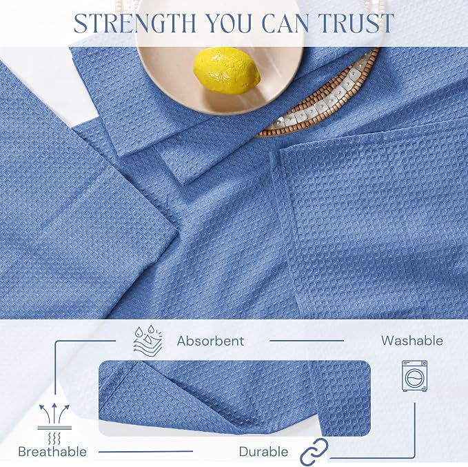 Sky Blue Kitchen Dish Towels Set of 12-100% Cotton Waffle Weave, Super Absorbent, Soft, Quick Drying, 16x26 Inches, Ideal for Cleaning, Bar, Tea, and Everyday Use, Light Blue