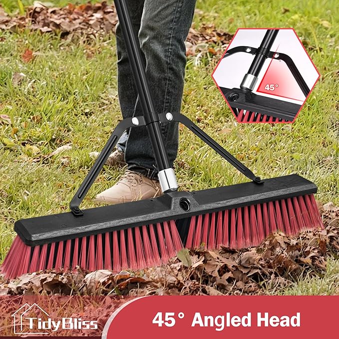 24” Push Broom Outdoor Heavy Duty, Large Commercial Stiff Bristle Brush with 63 inches Long Handle for Garage Shop Garden Yard Patio Deck Street Warehouse Lawn Driveway (Red)