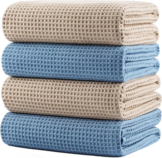 POLYTE 430 GSM Microfiber Oversize Quick Dry Lint Free Bath Towel, 60 x 30 in, 4 Pack (Waffle Weave)