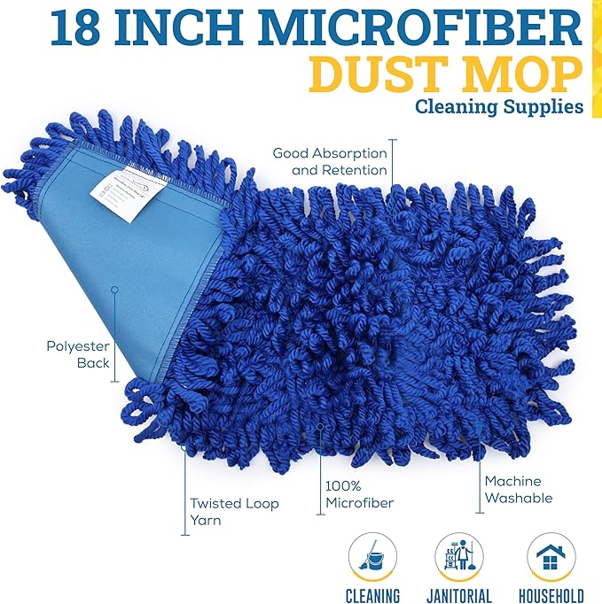KLEEN HANDLER 6 Pack of 18 Inch Microfiber Dust Mop, Large Washable Commercial Mop Head Replacement, Sweeper, Janitorial Dust Mops, Blue