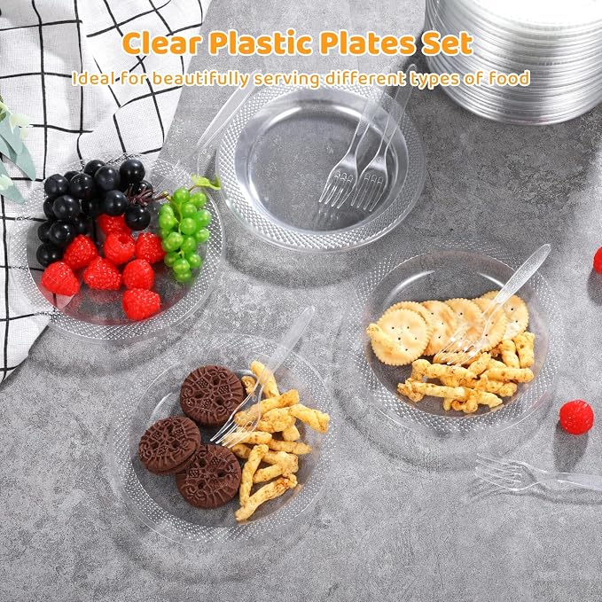 OMISTAR 400 set 9inch Clear Plastic Dessert Plates and Forks, Include 200 Disposable Appetizer Plates with 200Plastic Forks, Round Dinner Plate for Wedding BBQ Picnic Camping Events Party Supplies