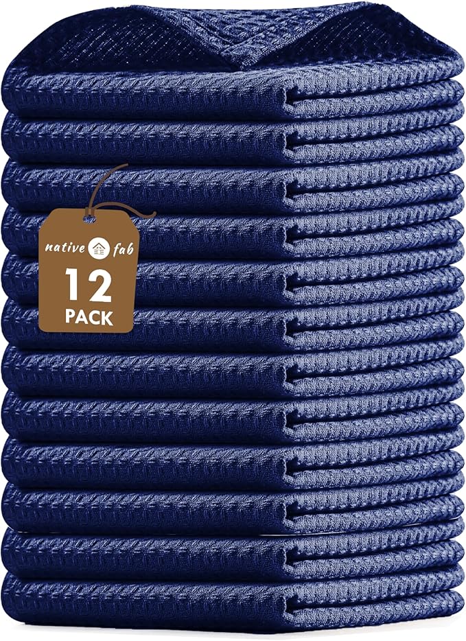 Native Fab Waffle Dishcloths 12 Pack - 100% Cotton, Ultra Absorbent Dish Cloths for Kitchen Cleaning, Drying, and Cooking - Soft and Durable Towels for Everyday Use, 12x12 inch - Ink Blue
