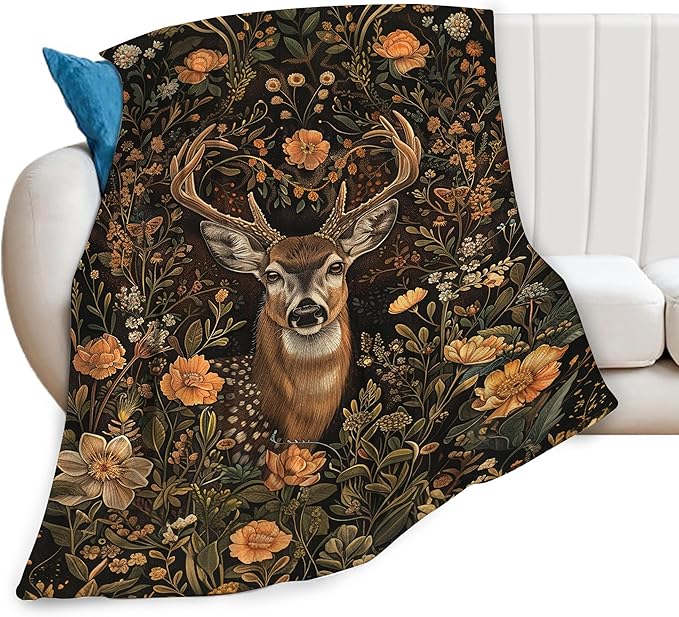 Deer Print Blanket Vintage Forest Sika Deer Decor Throw Blanket Comfy Plush Flannel Fleece Warm Soft Fluffy Fuzzy Winter Blanket Reindeer Gifts for Girls Boys Women Teens for Bed Sofa Couch 40"X50"