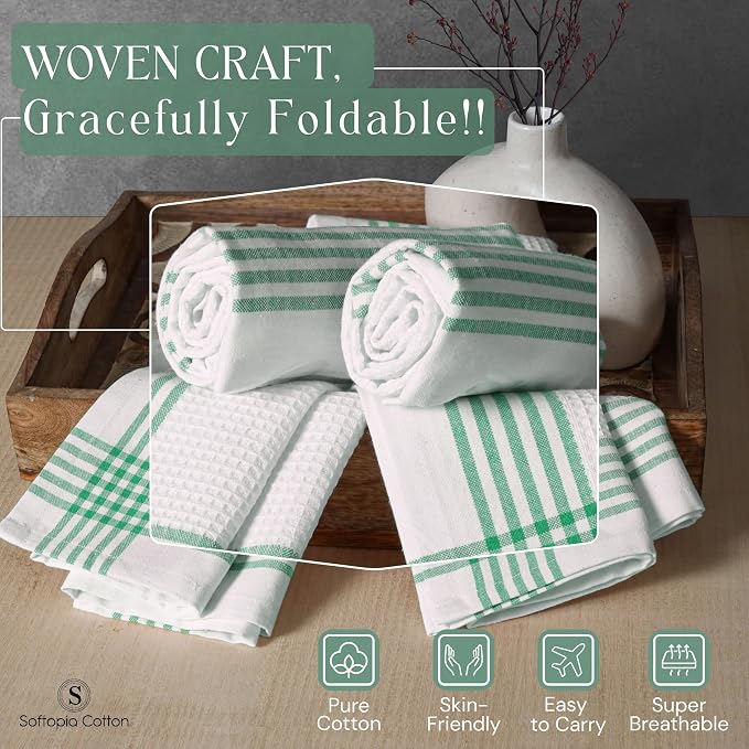 Waffle White & Dark Green Kitchen Towels 4 Pack, 100% Cotton, 16x26 inches, Super Absorbent Tea Towel for Drying Dishes, Quick Drying Kitchen Cloth Set for Daily Cooking, Cleaning