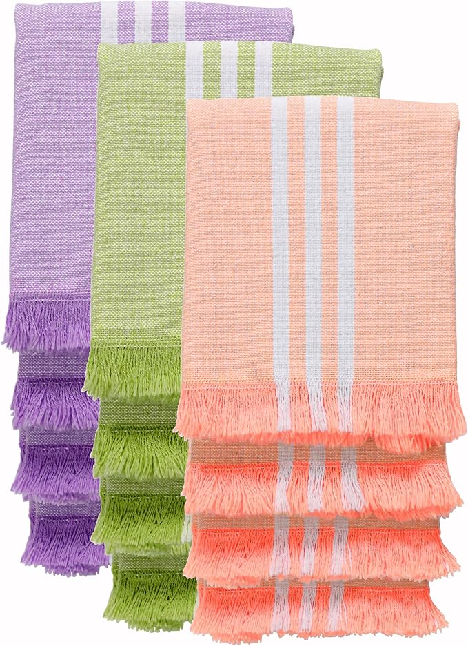 Stripe Kitchen Towels 12 Pack, 16x26 Inch, 100% Cotton, Super Absorbent & Quick Dry, Durable, Fringed Dish Towel for Drying Dishes, Washable, Light Orange, Lemon Green, Lavender