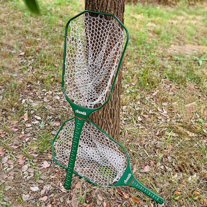 Aventik Floating Fly Fishing Net Carbon Fiber Square Landing Net with Accurate Measuring Handle Clear Rubber Ghost Mesh for Professional Trout Fishing Catch & Release