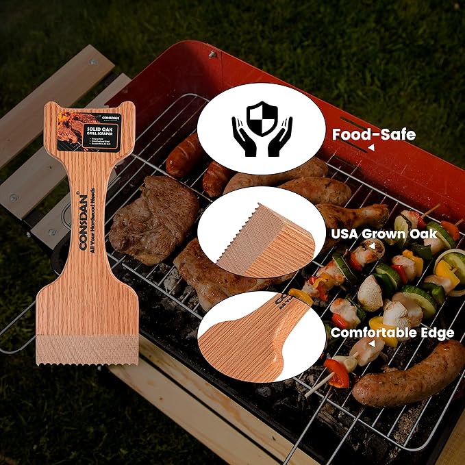 CONSDAN Wood Grill Scraper, Soild Oak Wooden Grill Brush, Grill Scraper for Outdoor Grill, Bristle Free Grill Scrapers, Grill Grate Cleaner Safe Wood Grill Brusher