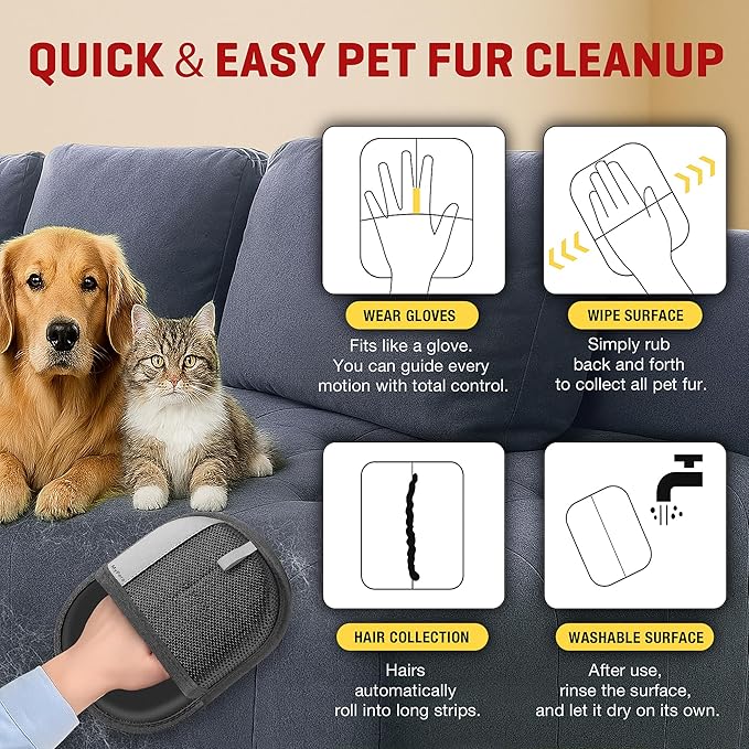 Pet Hair Removal Glove for Dogs & Cats, Newly Upgraded Reusable Electrostatic Pet Hair Glove, Magic Brush Pet Hair Remover Tool for Clothing, Couch, Carpet, Car Seats (1)