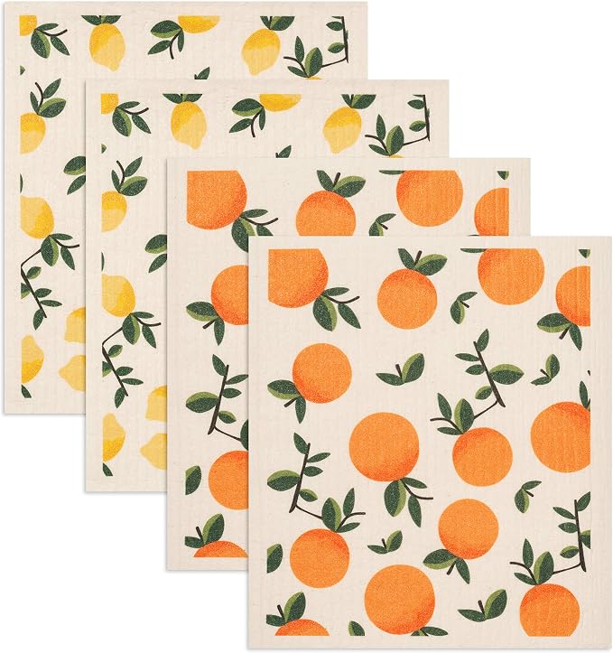 Swedish Dishcloths 4-Pack, Reusable Kitchen Cleaning Cloths, Eco-Friendly Sponges with Citrus Lemon Orange Print, Machine Washable 7.87x6.88 inch