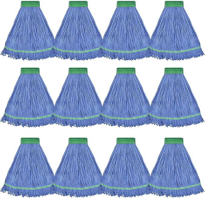 Onesimus 28 oz Heavy Duty Mop Head Replacement, 5 Inch Headband for Quick Change Handle, Blue Loop-End Cotton Blend String Wet Dry Floor Mop Refill, X-Large Size, Case Pack of 12 Pcs