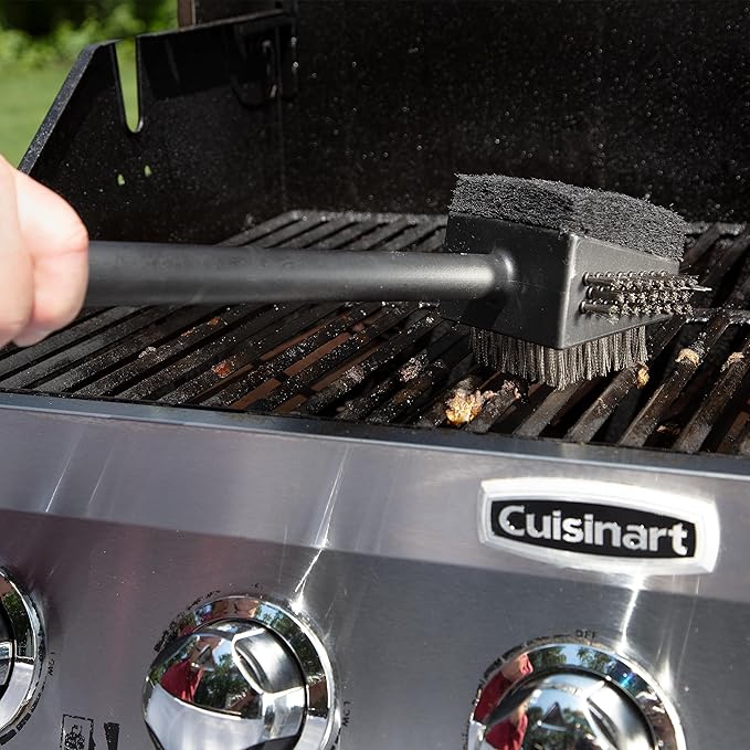 Cuisinart CCB-4125 4-in-1 Grill Cleaning Brush with Stainless Steel Wire Bristles - Scour Pad - Grill Scraper - 13" Handle Length