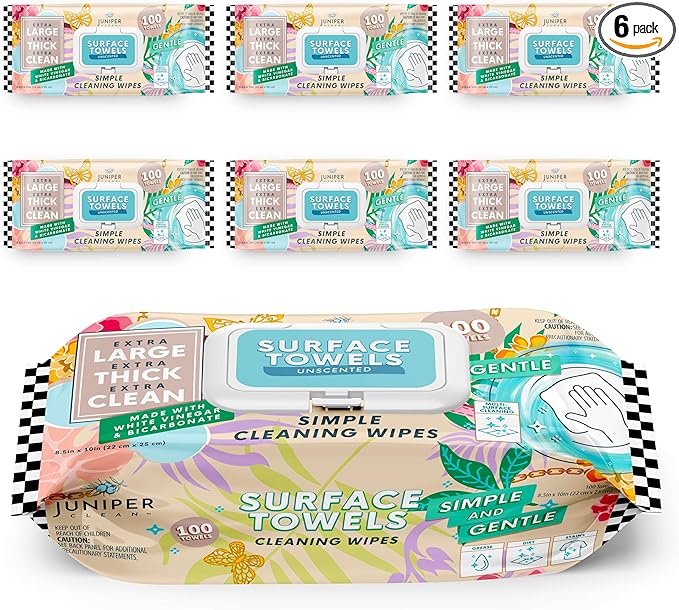 Juniper CLEAN 6 Packs Surface Cleaning Wipes Bleach Free, Thick & Large Dispose, All-Purpose Cleaner for Bathroom, Kitchen, Office, 600 Count Soft Flow, Biodegradable, No Scent
